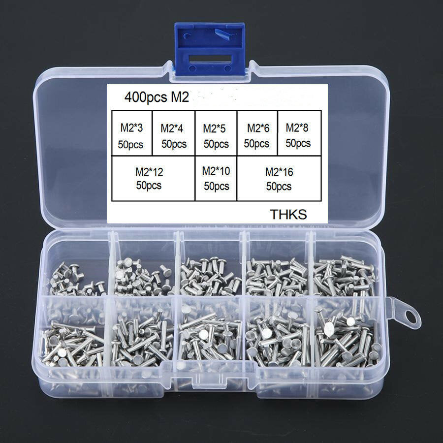 400Pcs M2 M2.5 Flat Head Solid Aluminum Rivets Assortment Kit