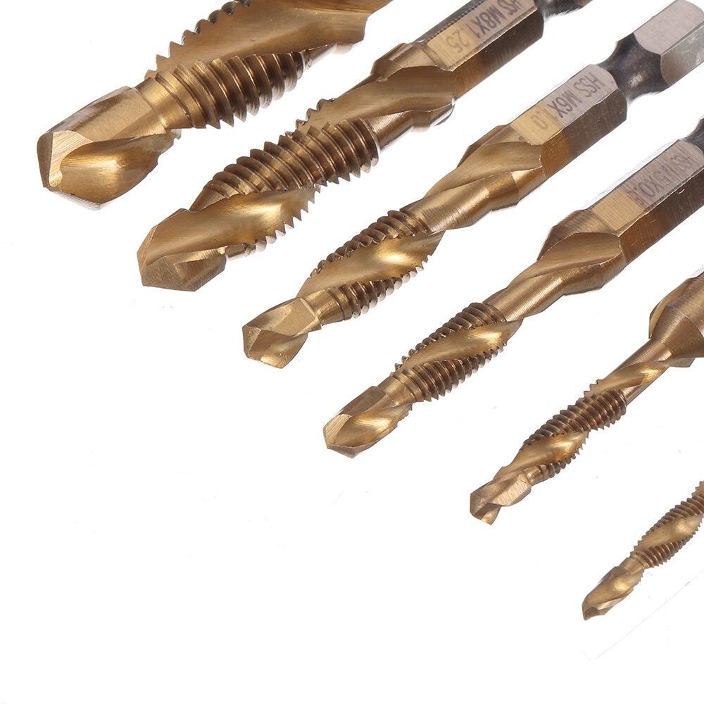 6Pcs M3-M10 Combination Drill Tap Bit HSS Titanium Coated Deburr Countersink Bits with Aotumatic Center Punch