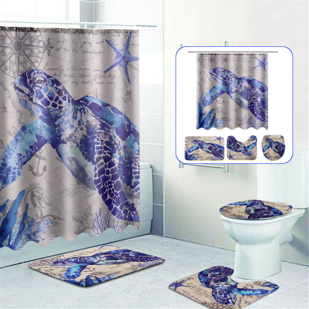 Bathroom Shower Curtain Sea Turtle Pedestal Rug Lid Toilet Cover Bath Mat Decor