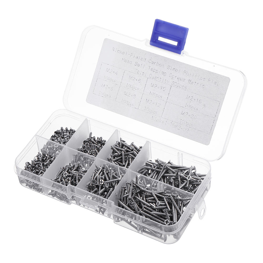 800pcs M2 Phillips Screw Flat Head Nickel-Plated Carbon Steel Self-Tapping Woodworking Screws Assortment Kit
