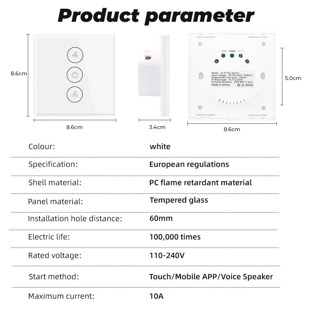 Touch WiFi Ceiling Fan Switch EU/US Remote Timer Speed Wall Glass APP Control Work with Alexa Google Home