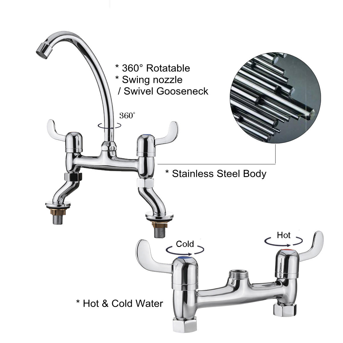 Hot Cold Water Dispenser Basin Sink 360 Degree Swivel Dual Lever Deck Mount Spout Faucet