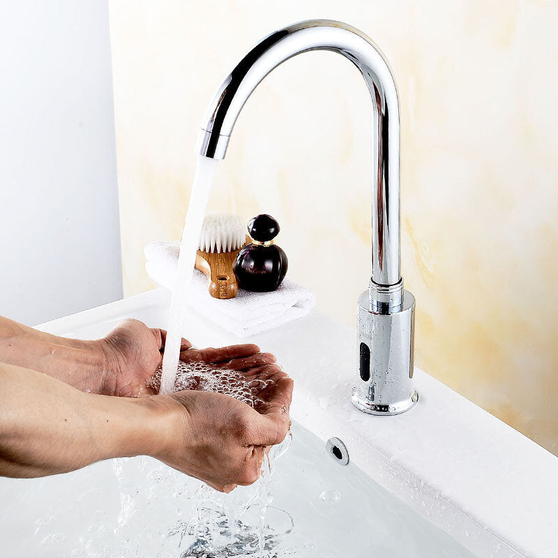 Zinc Alloy Automatic Infrared Sensor Kitchen Basin Sink Faucet Smart Touchless Single Cold Tap Handle Deck Mount w/ Hose Controller Box
