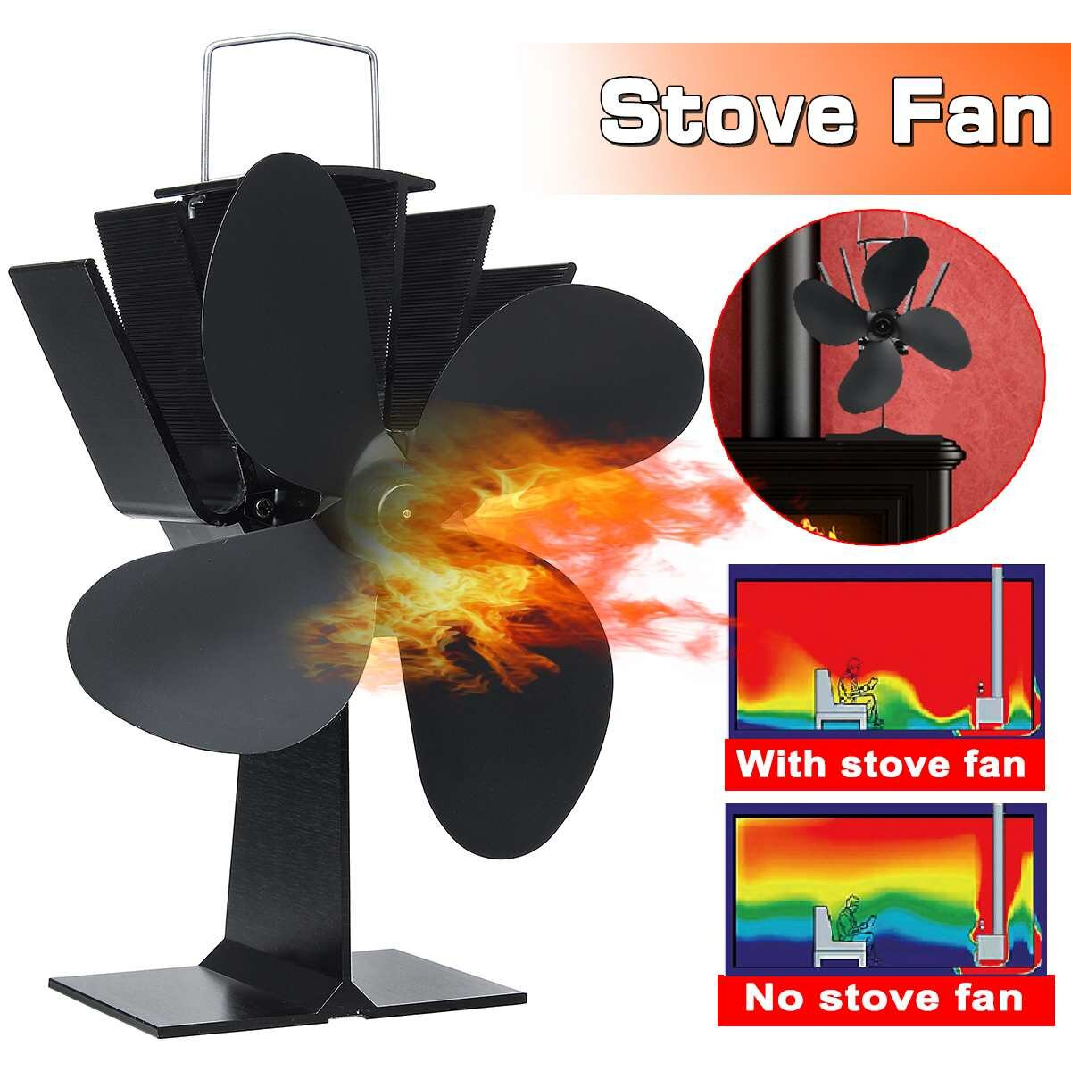 4 Blade Heat Self-Power Wood Stove Fan Burner Efficient Fireplace Silent