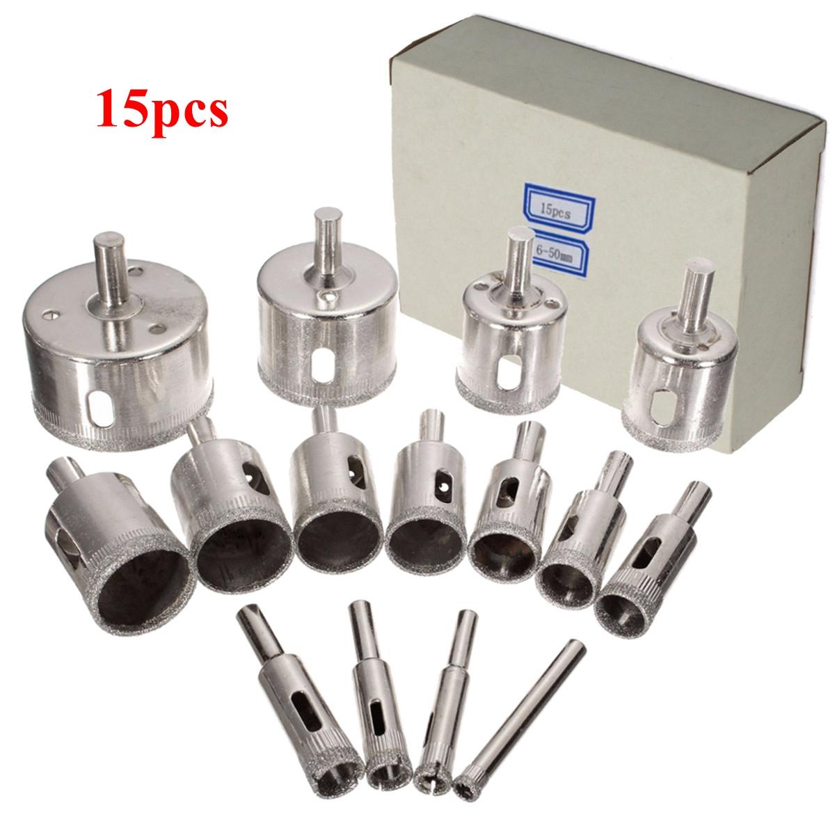 15Pcs 6-50mm Diamond Hole Saw Drill Bit Set 100 Grits Tile Ceramic Glass Marble Bits
