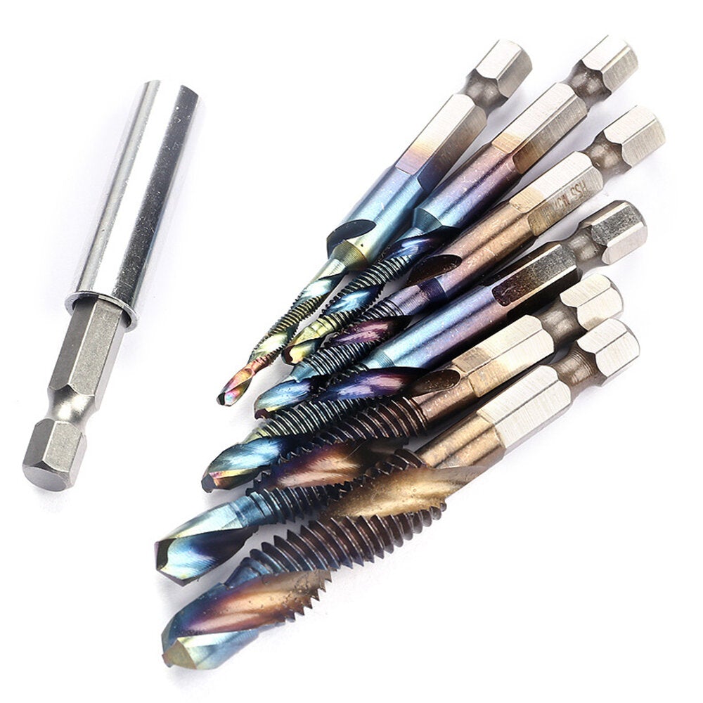 7Pcs M3-M10 6.2mm Hex Shank Blue Coated Screw Thread Metric Compound Tap Drill Bits with Extension Rod