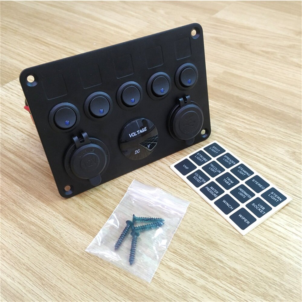 12-24V Universal 5 Gang ON/Off Toggle Rocker Switch Panel With Dual USB Charger LED Digital Voltmeter Waterproof For Car Truck Boat Marine