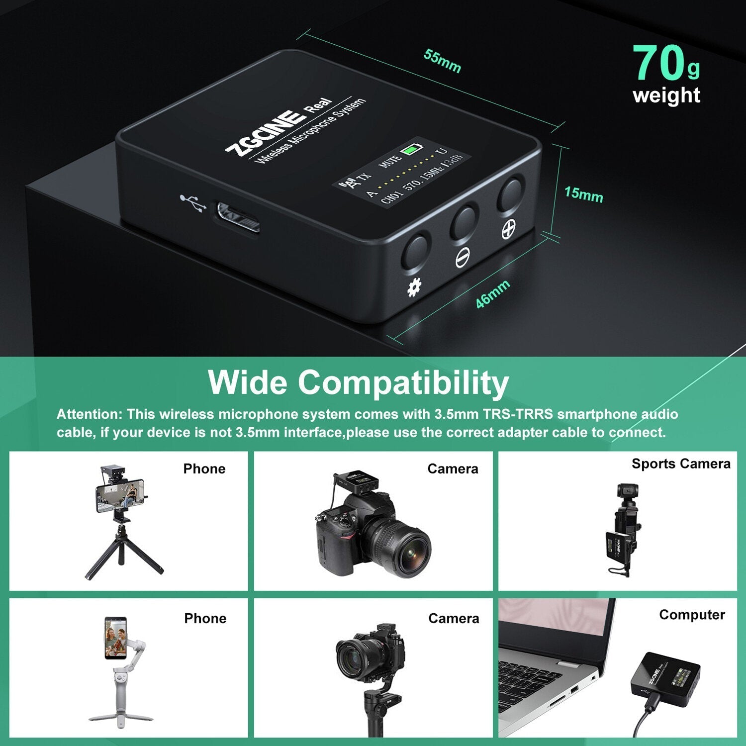 Wireless Lavalier Lapel Microphone System with Transmitter and Receiver for Smartphones Camera