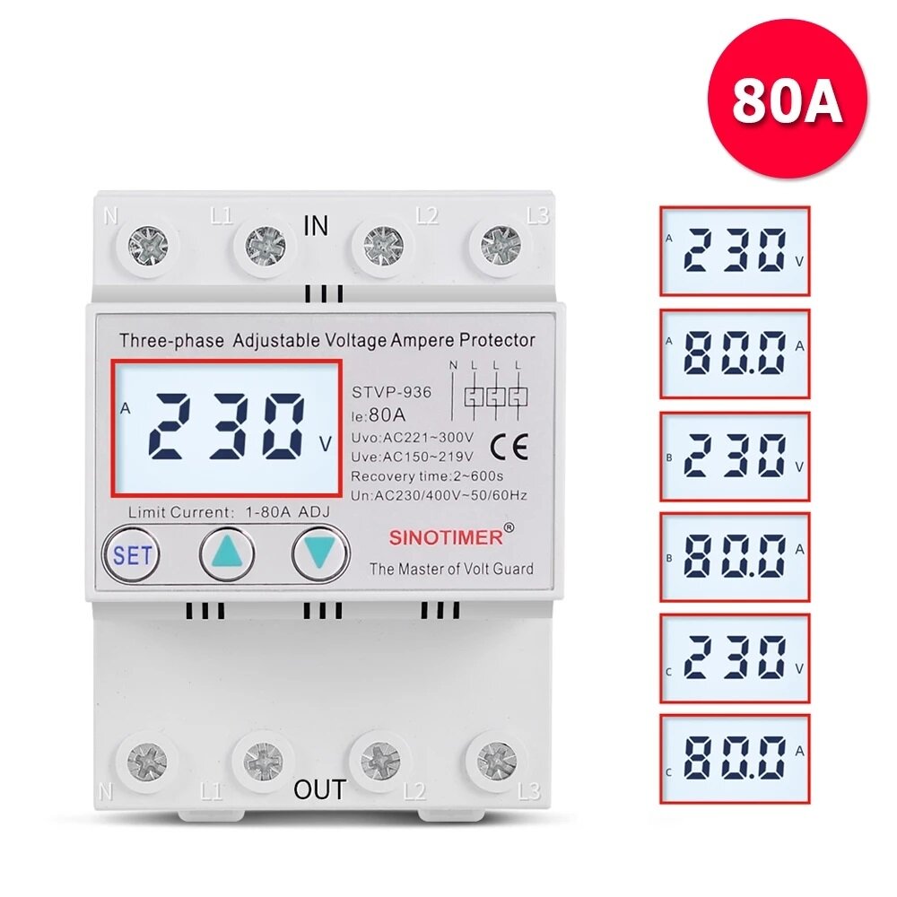Multifunctional Over Under Voltage and Over Current Protection Device Automatic Recovery Voltage Relay,230V AC 63A