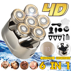 6 IN 1 4D Rotary Electric Shaver Rechargeable Bald Head Shaver LED Display Beard Trimmer