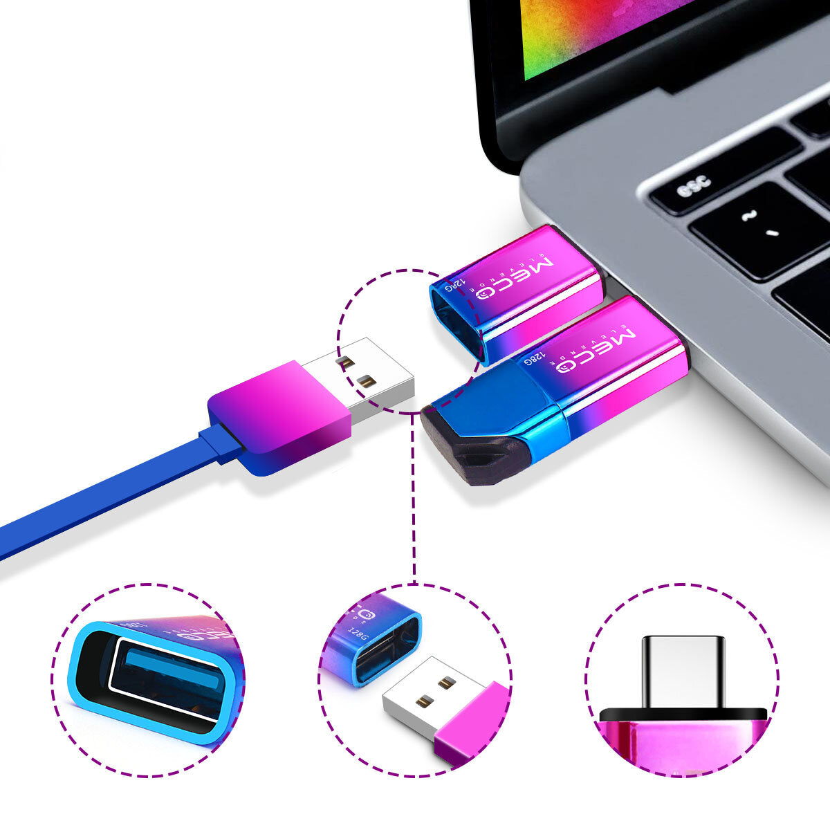 128G USB3.0 Flash Drive with Type-C Adapter 2-in-1 Memory Stick OTG USB Stick Pendrive 32G 64G Metal Thumb Drive