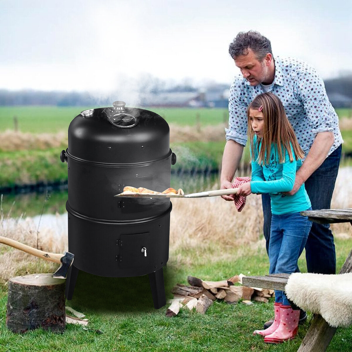3-in-1 Portable Round Charcoal Smoker Roaster BBQ Grill With 354 Square Inches Cooking Space Built-in Thermometer Garden Outdoor Cooking