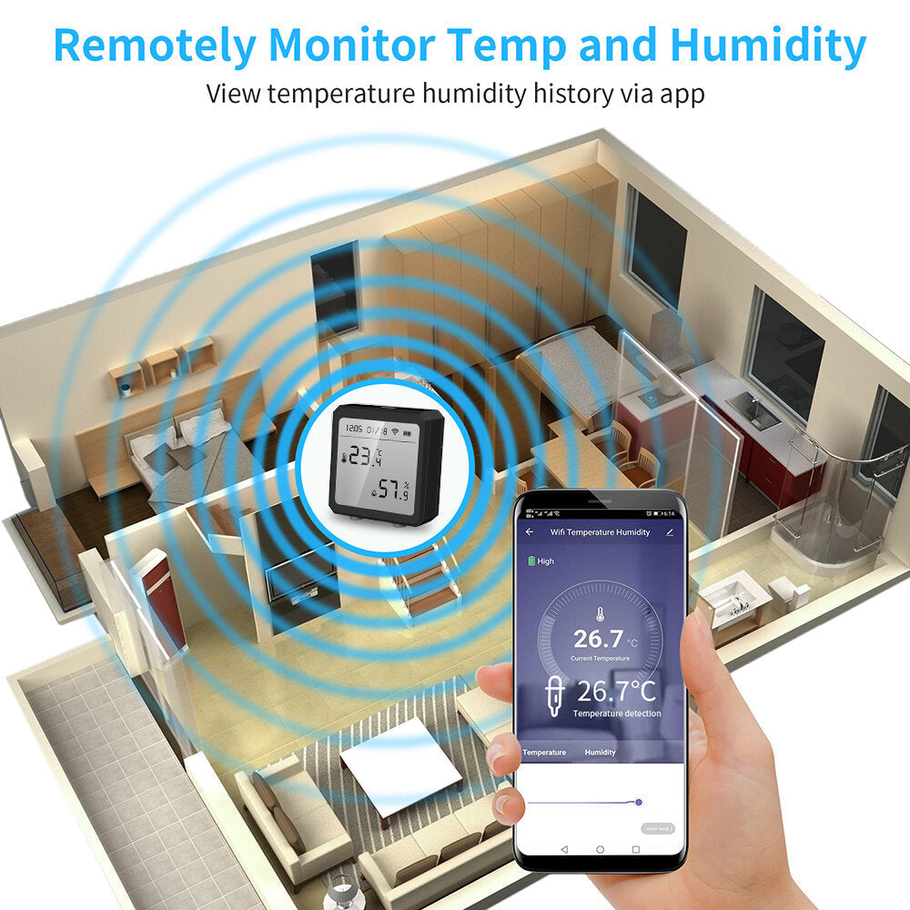 WiFi Smart Digital Temperature and Humidity Sensor Detector with LCD Date Time Display Support Alexa Google Home