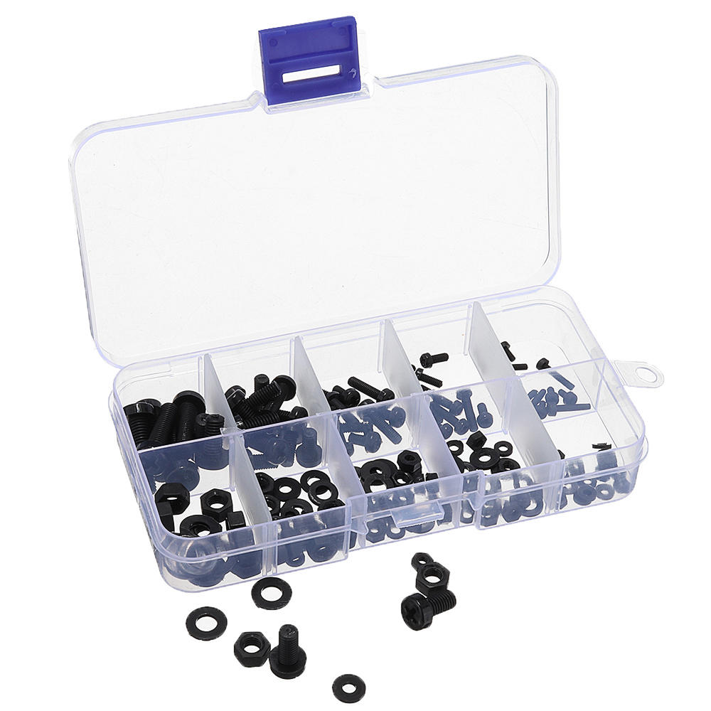 150Pcs Nylon Black P hillips Pan Head Screw Nut Bolt Washers Assortment Kit M2 M2.5 M3 M4 M5