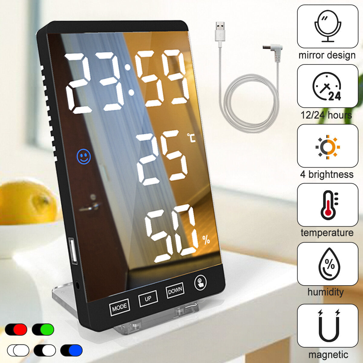 LED Digital Alarm Clock Snooze Mirror Alarm Clock with USB Charging Port