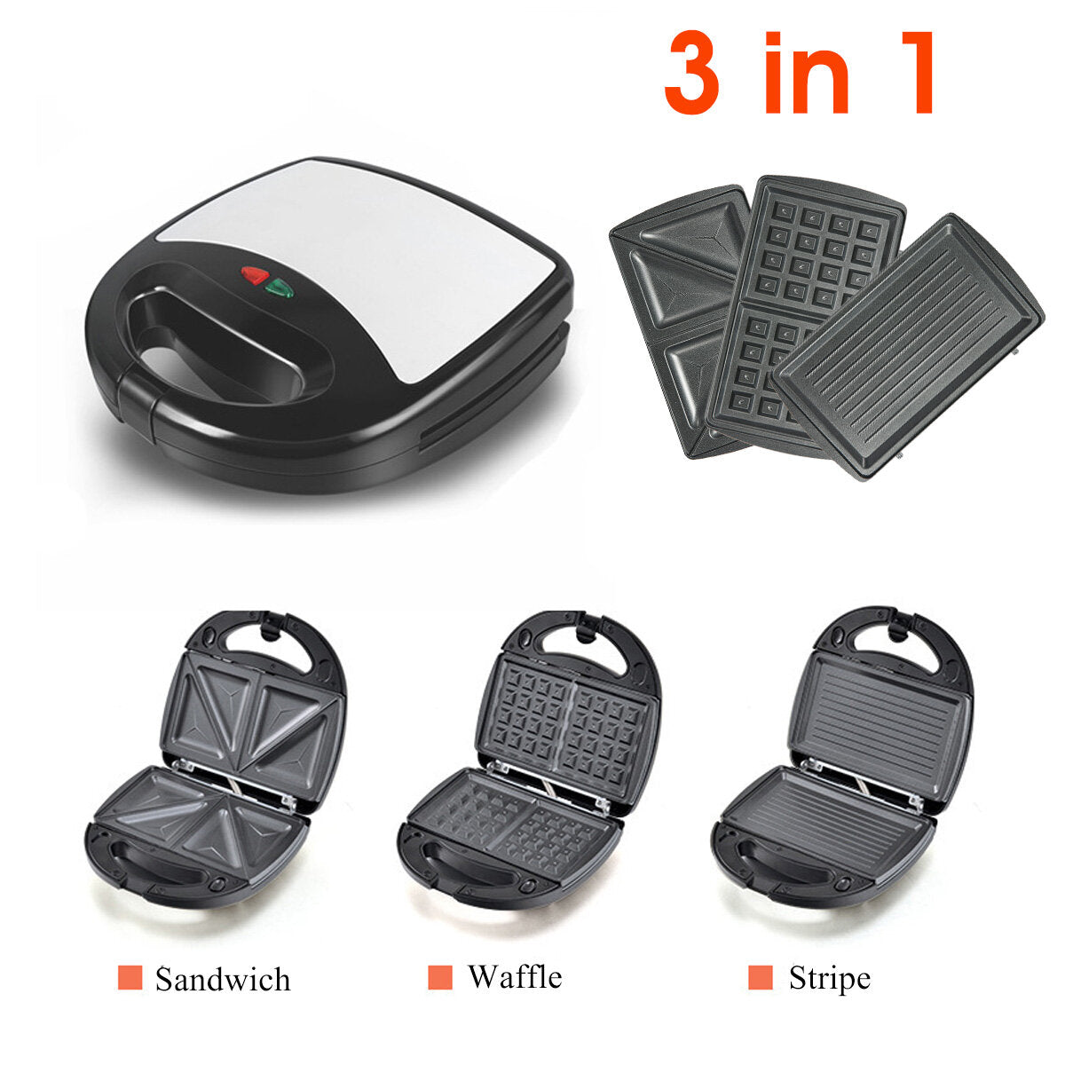220V 750W Multifunction3 in 1 Breakfast Machine Sandwiches Waffles Panini Toast Maker Non-Stick Coated Baking Sheet