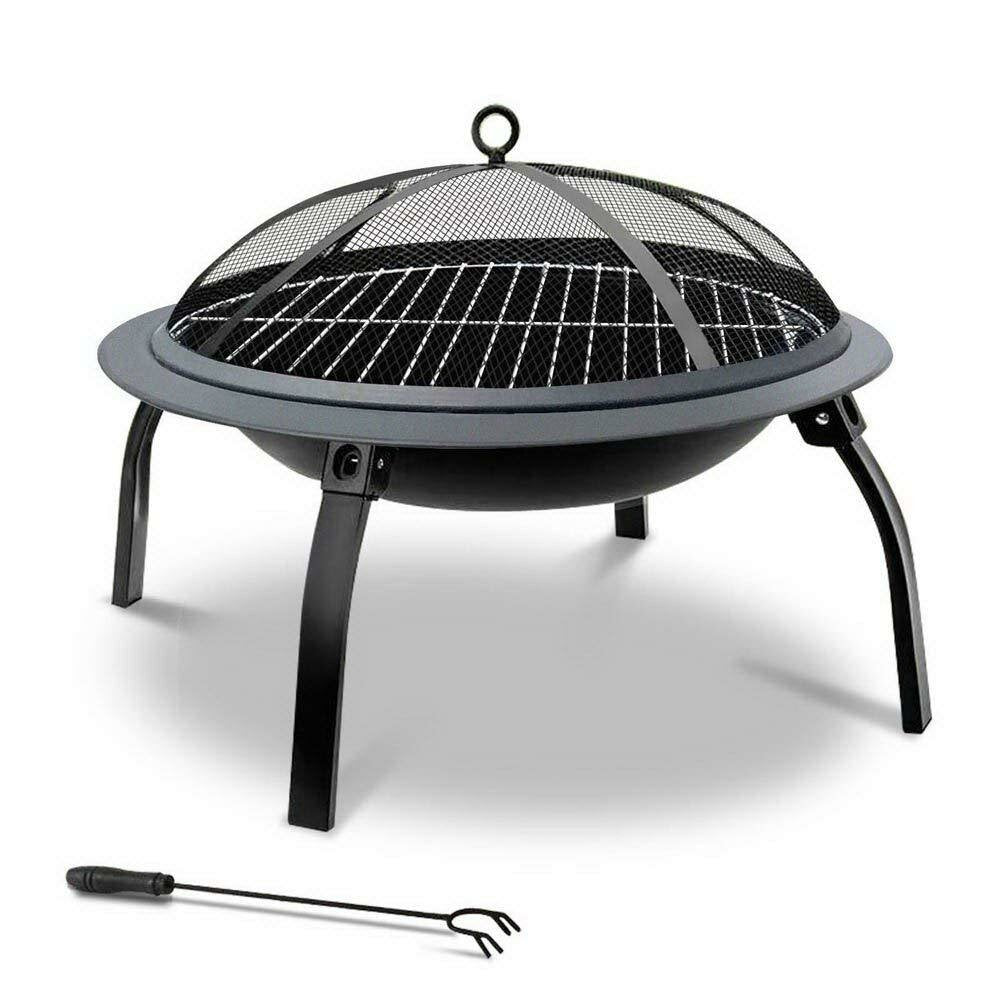 22inch Folding Steel Fire Pit BBQ Grill Round Fire Bowl Lightweight with Log Grate Mesh Cover BBQ Stove for Camping Picnic Bonfire Patio Garden
