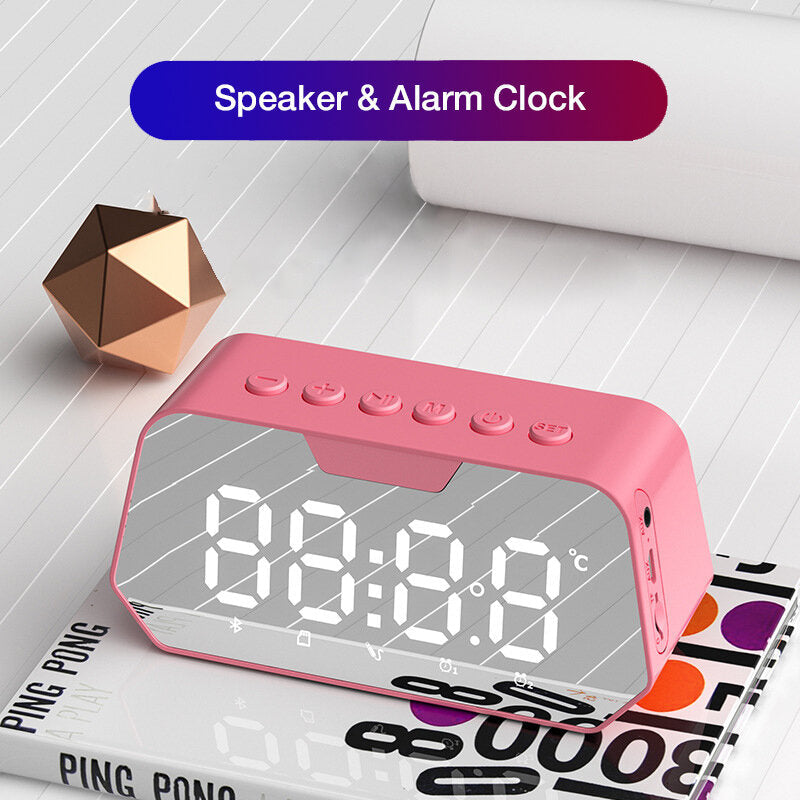 Bluetooth 5.0 Speaker Alarm Clock Multiple Play Modes LED Mirror with FM Function 360 Surround Stereo Sound Real-time Temperature Display 3600mAh