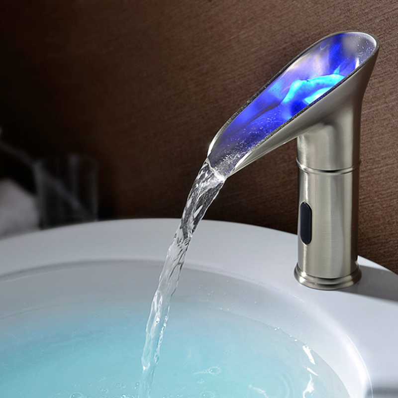 Automatic Sensor Faucet Waterfall LED Bathroom Basin Sink Widespread Brass Mixer Tap Single Lever