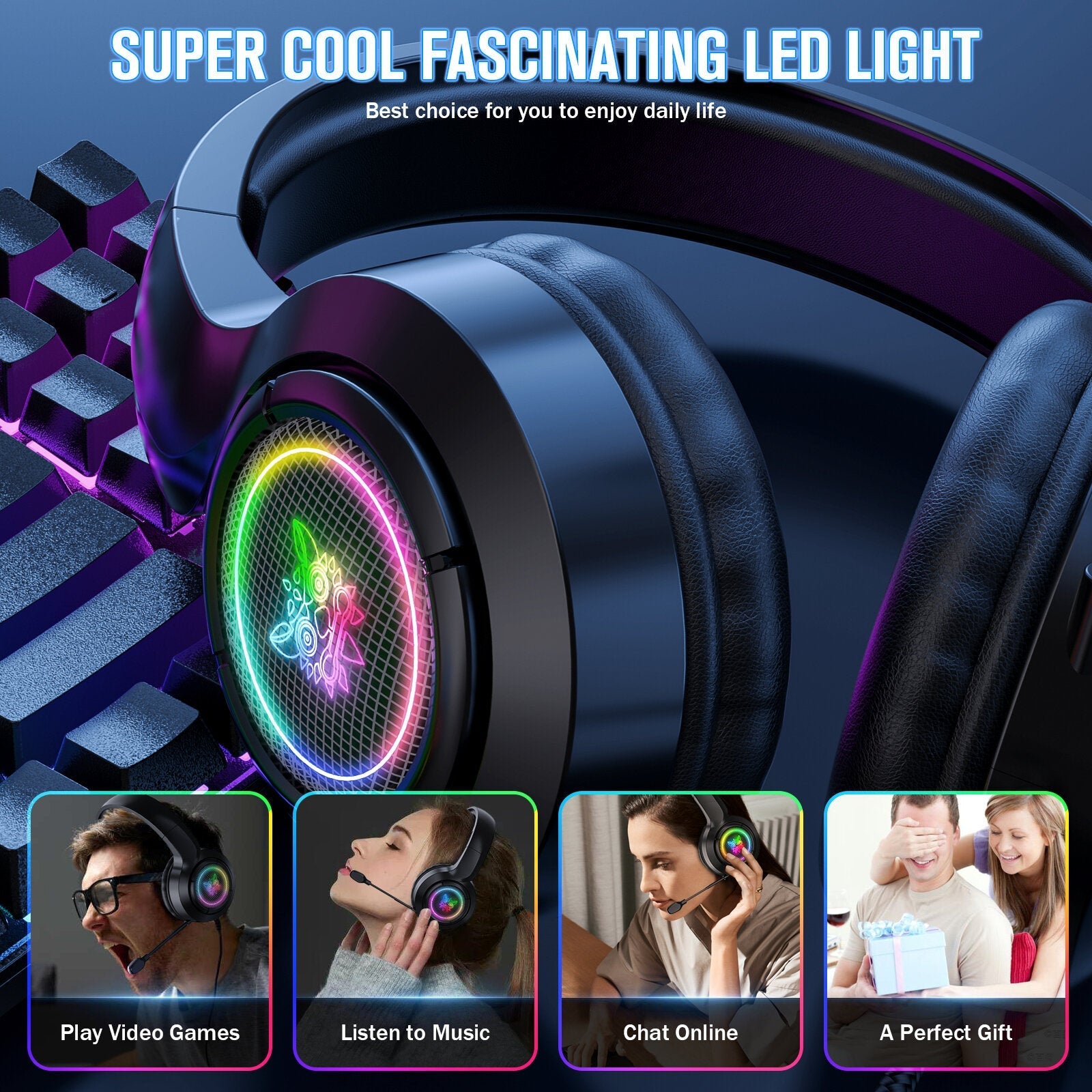 Gaming Headset USB+3.5mm 50mm Sound Unit RGB Light Gaming Headphone with Noise-canceling Mic for PS4 Computer PC