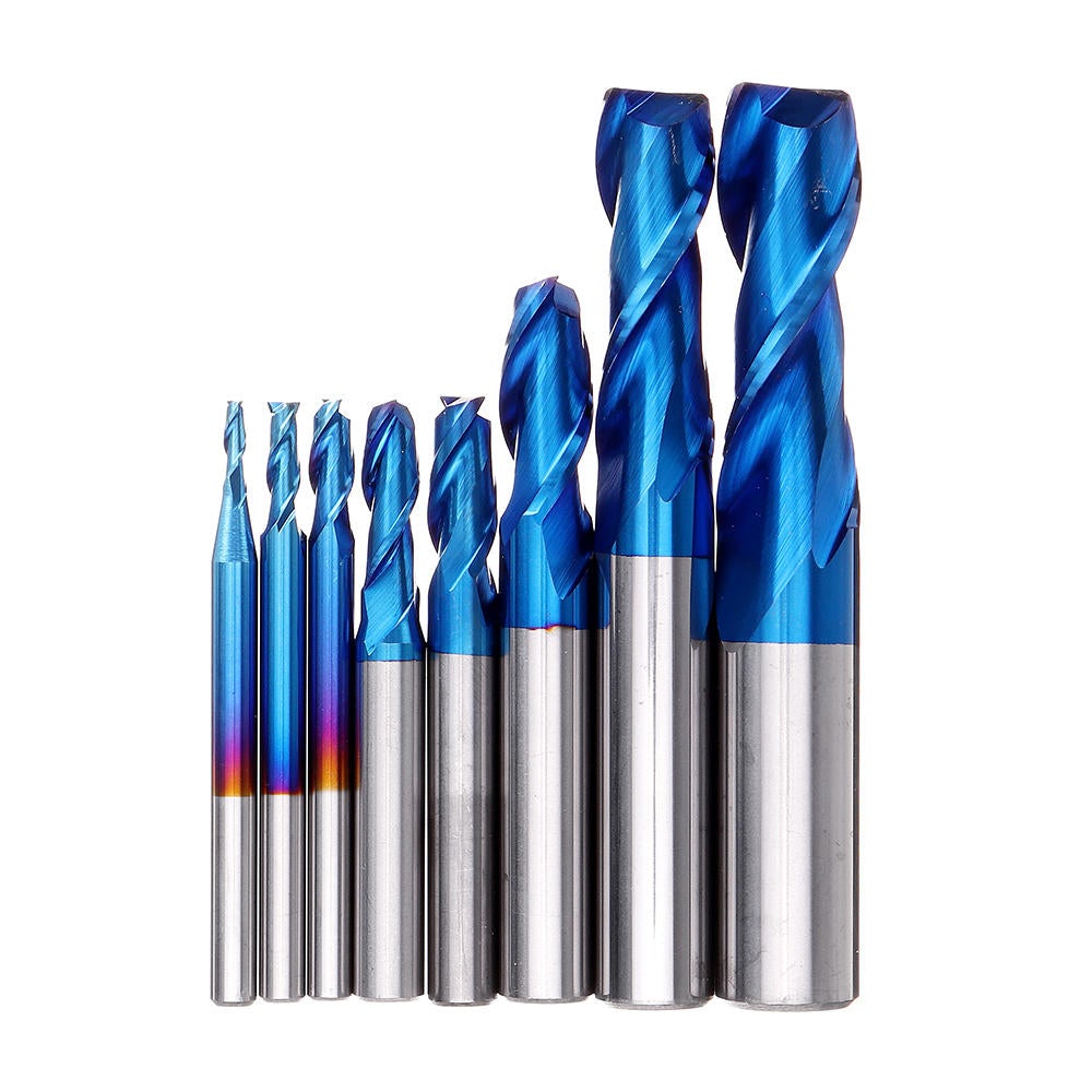 8PCS HRC55 Blue Nano Tungsten Carbide 2 Flute End Mill Set R1-R6 Milling Cutter CNC Router Bits