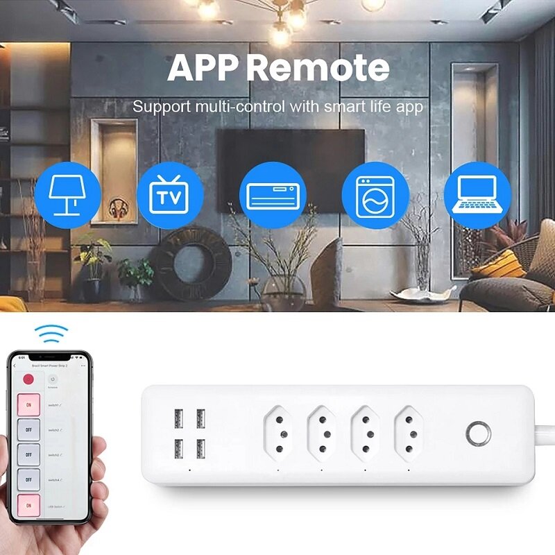 WiFi Smart Power Strip with 4 Outlets 4USB Ports 1.4m Extension Cord Voice works with Alexa Google Home