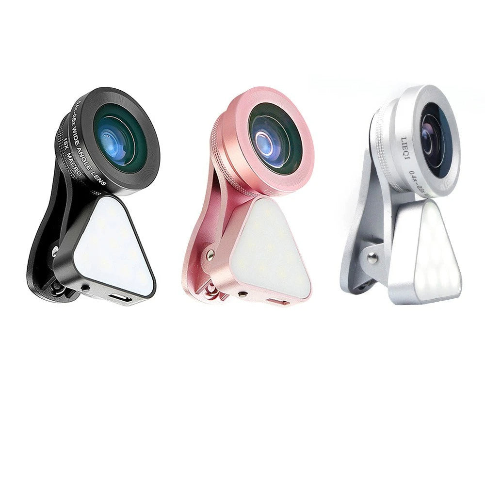 3-in-1 Clip-on Smartphone Fill Light & Phone Camera Lens Kit