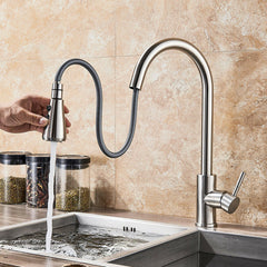 Brushed Nickel Kitchen Sink Faucets SUS304 Stainless Steel Single Hole Pull Out Spout Hot Cold Water Mixer Stream Sprayer Head Tap