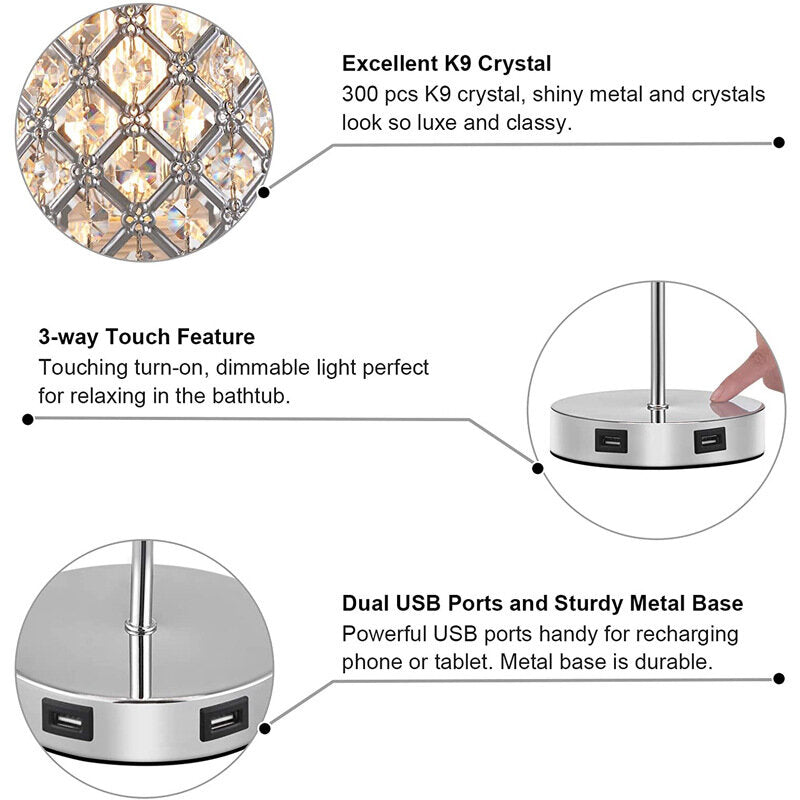 USB Rechargeable Crystal Desk Lamp Touch Dimming BedsideLights Bedroom LED Night Light with Light Source