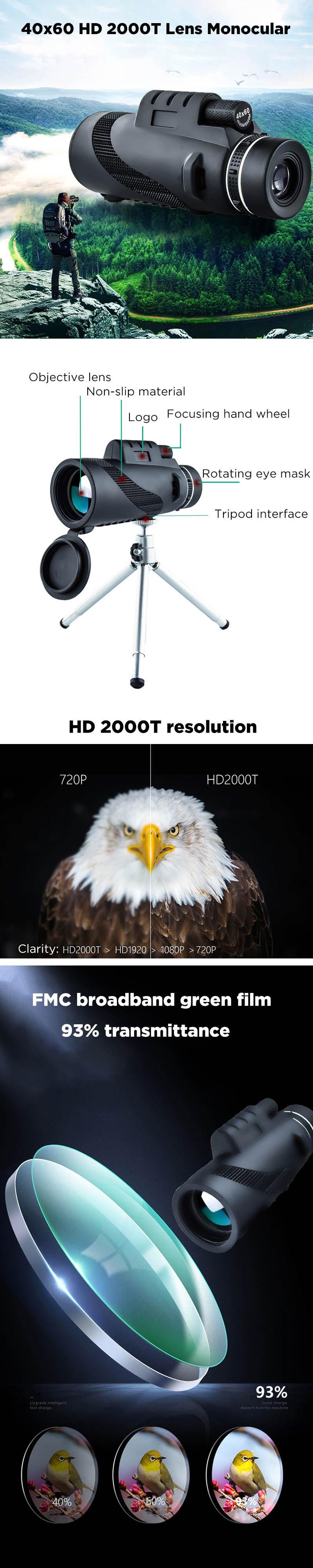 40x60 Monocular Optical HD 2000T Lens Telescope BAK4 Day Night Vision