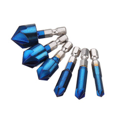 6pcs 6-19mm Countersink Drill Bit 5 Flutes Hex Shank Nano Blue Coated Chamfer Cutter Set
