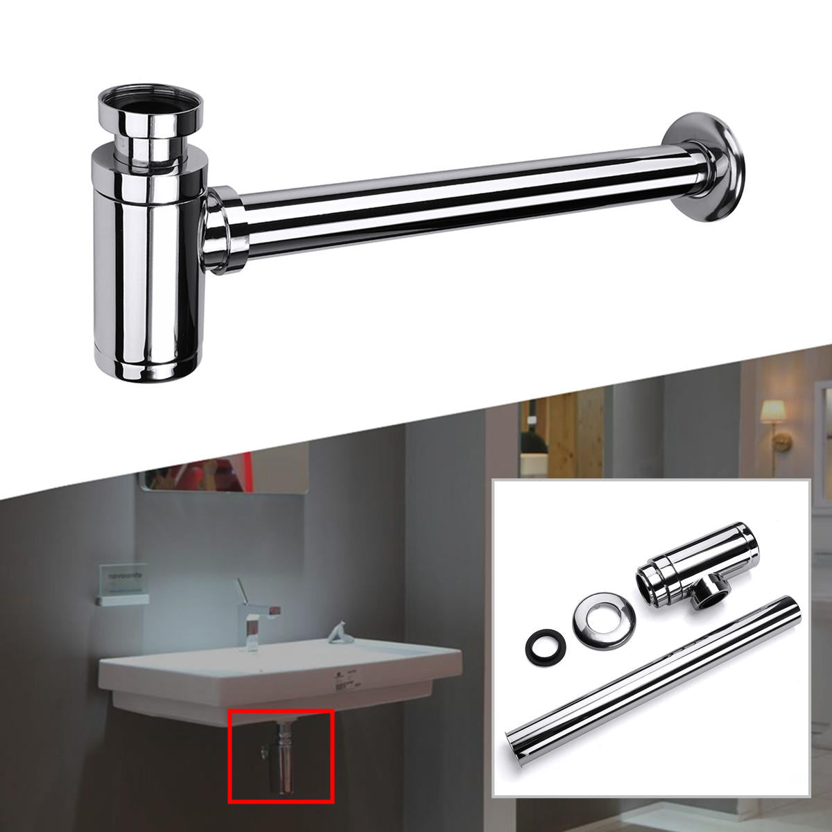 Standard 1-1/4'' Chrome Brass Round Bottle Waste Trap P-Trap Bathroom Basin Sink Pipe Cleaner