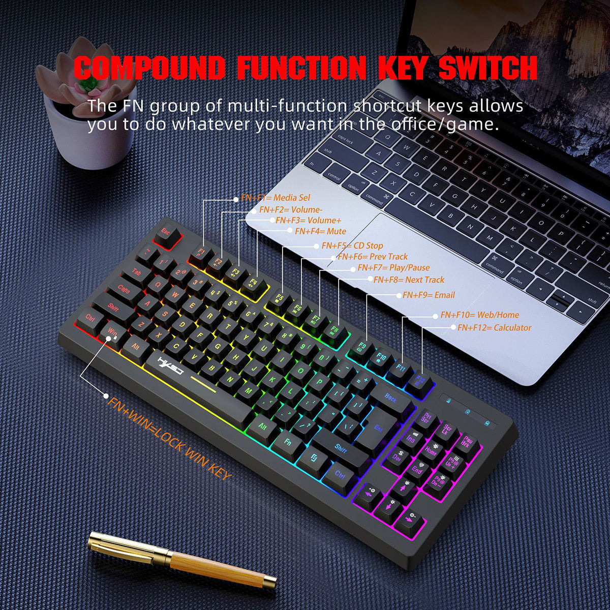 2.4G Wireless Keyboard 87 Keys Multimedia Function RGB Backlit Rechargeable Keyboard for Computer Laptop Home Office