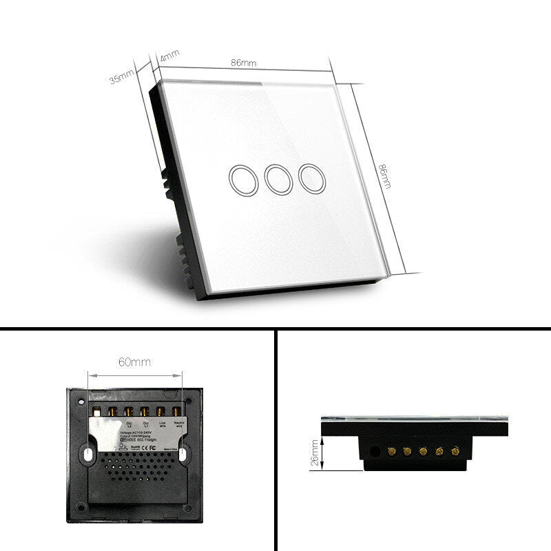 Standard Smart Light Switch WiFi 3 Gang Wireless Touch Sensor Remote Control Smart Switch with Power Statistics Function