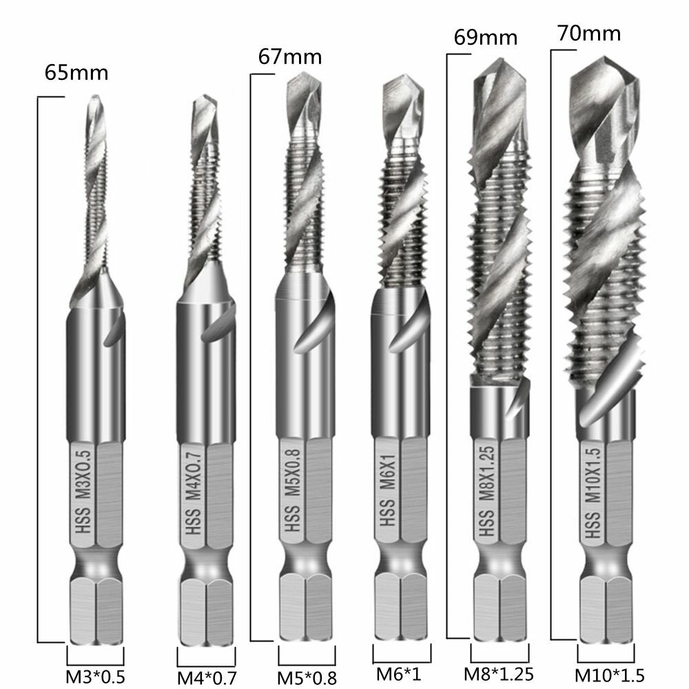6Pcs 1/4 Inch M3-M10 Screw Tap HSS Combination Drill Tap Bit Set Hex Shank Deburr Countersink Bits