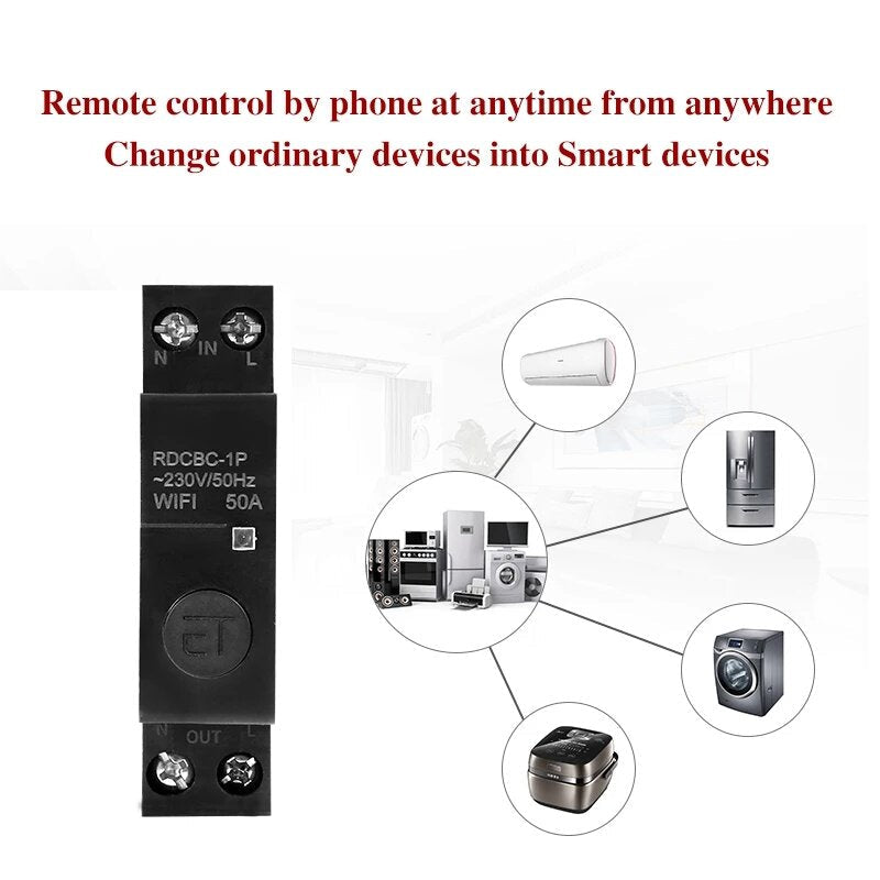 1P 50A 18mm WiFi Smart Circuit Breaker Remote Control Switch Works with Amazon Alexa Google Home