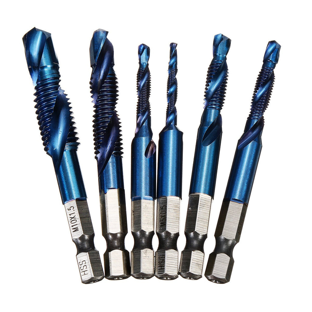 6Pcs M3-M10 1/4 Inch Hex Shank Metric Thread Blue Nano Coated HSS Drill and Tap Bits Screw