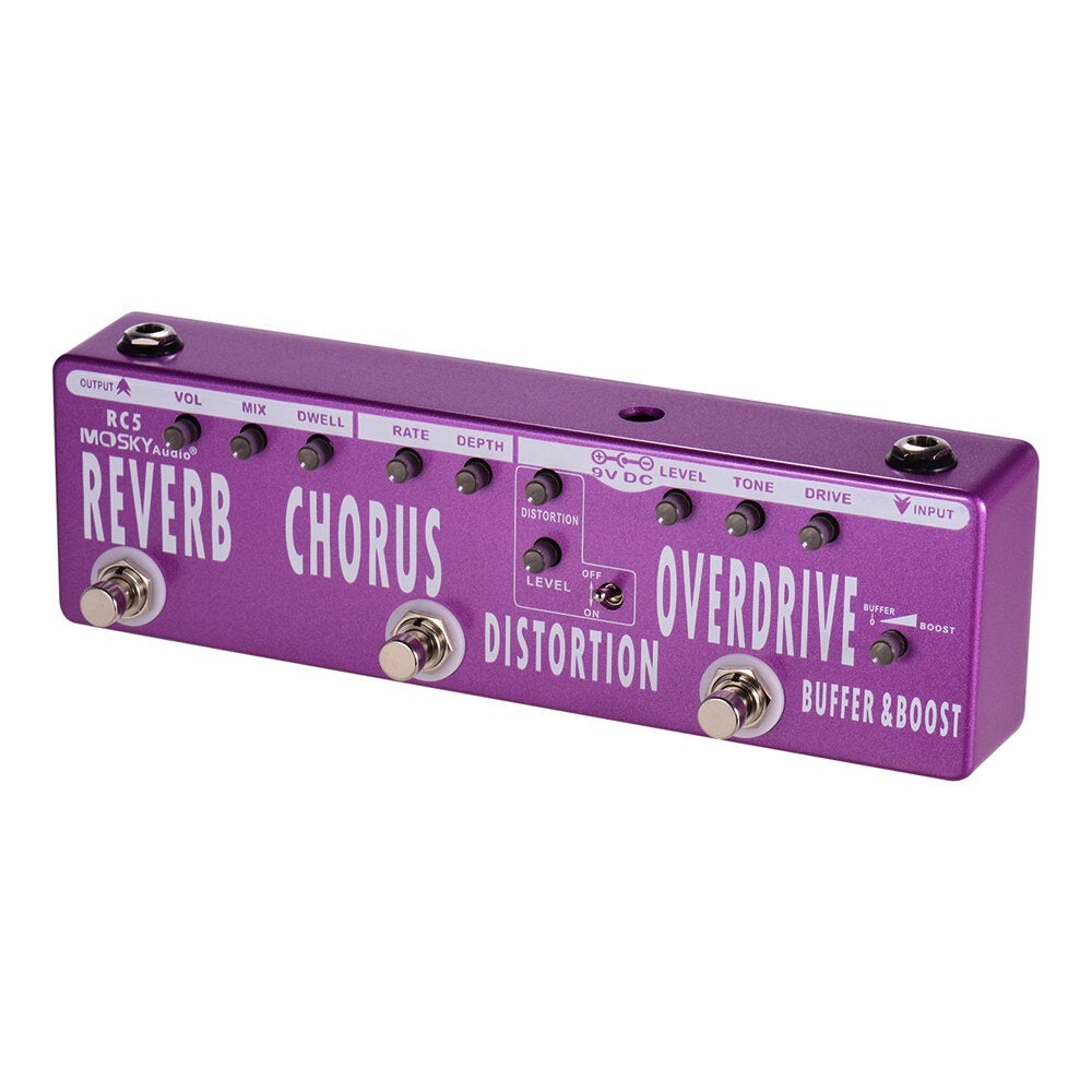 6-in-1 Guitar Effects Pedal Reverb Chorus Distortion Overdrive Booster Buffer Full Metal Shell with True Bypass