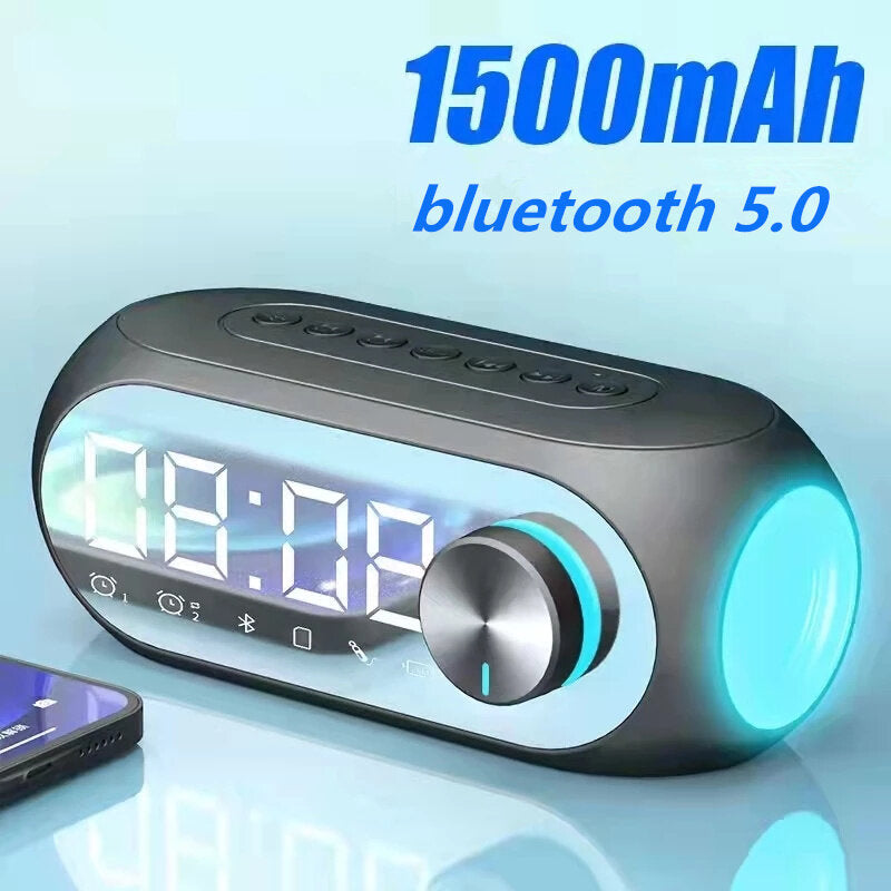 Bluetooth 5.0 Speaker Alarm Clock Mirror Night Light Multiple Play Modes LED Display 360 Surround 3D Stereo Sound 1400mAh Battery Life