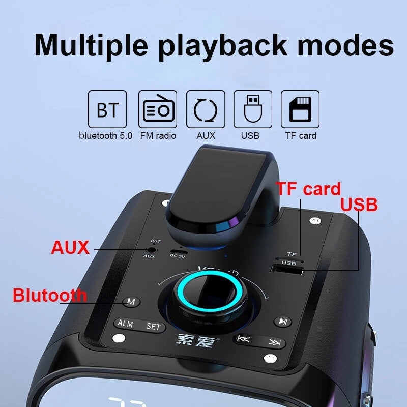 Portable Bluetooth 5.0 Speaker LED Clock Display Mirror Hi-Fi Super Bass FM Raido High Powerful Boombox Hi-Fi Sound Loudspeaker