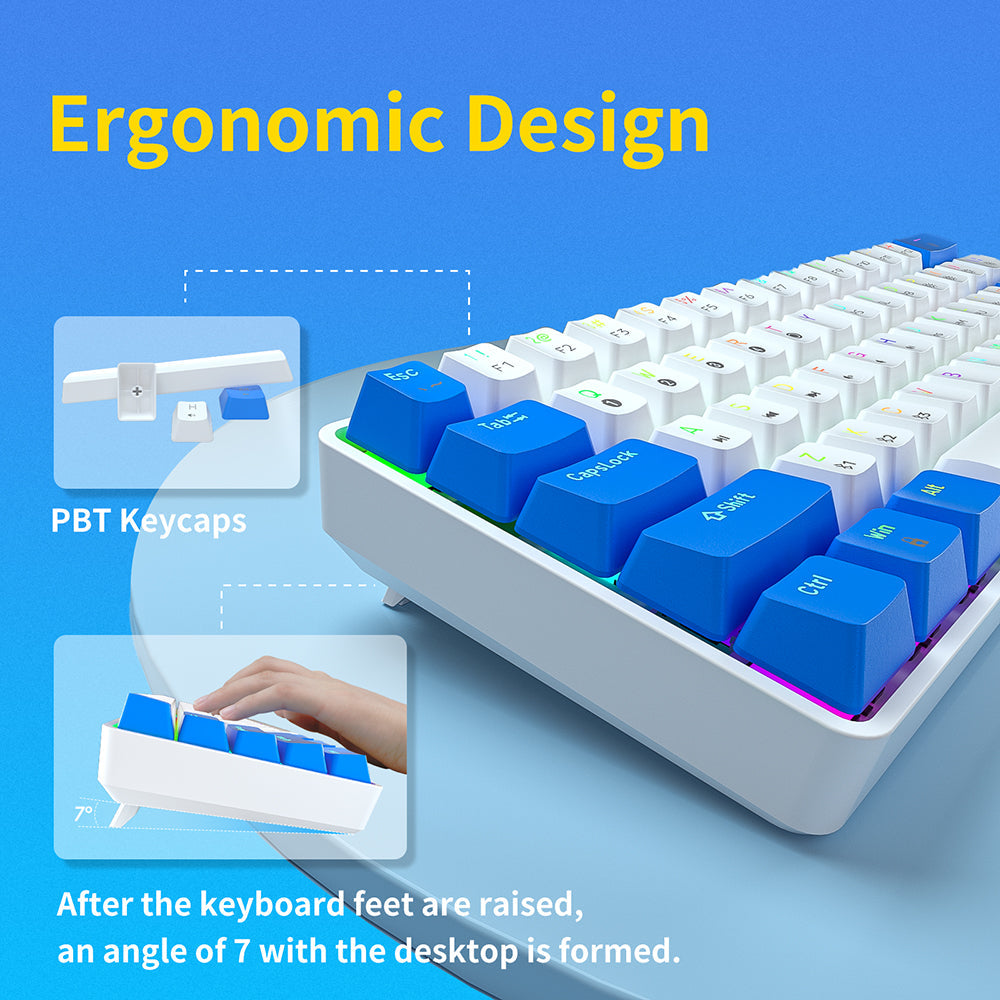 Programmable Gaming Mechanical Keyboard 61 Keys Full-Key PBT Translucent Keycaps Dual-Mode Bluetooth 5.1 Type-C Wired 60% Compact Keyboard