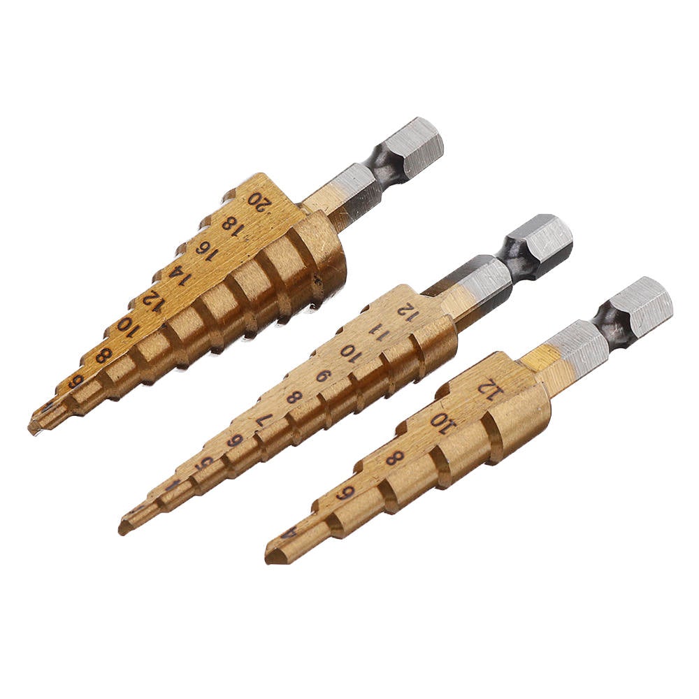 4pcs HSS Titanium Coated Step Drill Bit with Automatic Center Pin Punch 3-12/4-12/4-20mm Step Drill