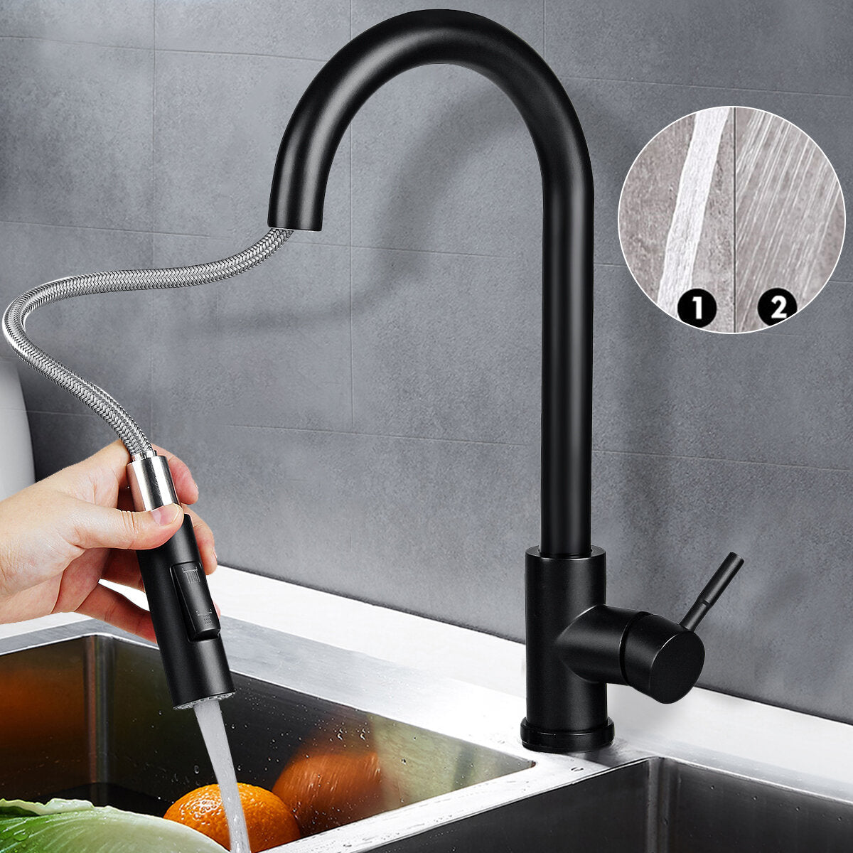 304 Stainless Steel Kitchen Pull Out Faucet Sprayer Black Paint Double-Feed Pipe Sensor Tap Thin Head Stretch