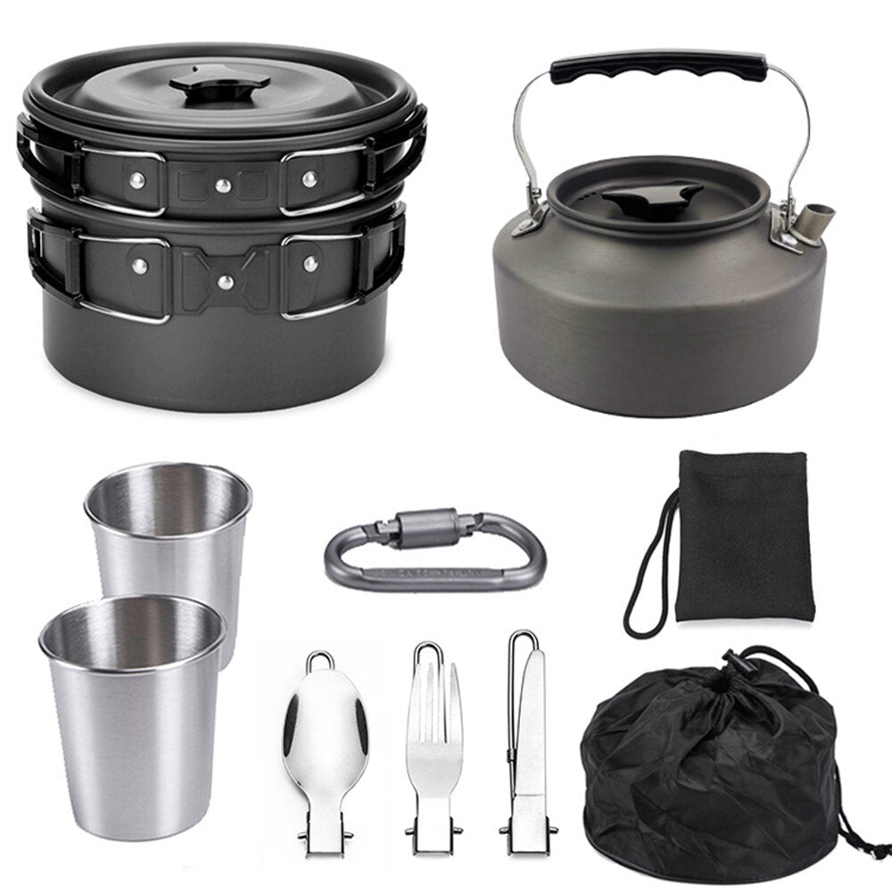 2-3 Person Camping Cookware Set Portable Outdoor Tableware Kit Campfire Kettle Pot Folding Fork Spoon Knife Set For Camping Hiking Picnic Travel