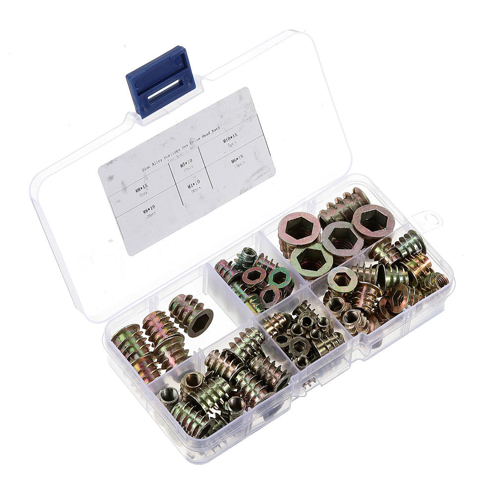 80Pcs M4/M5/M6/M8/M10 Zinc Alloy Wood Furniture Hex Socket Drive Head Threaded Insert Nut Internal and External Nut