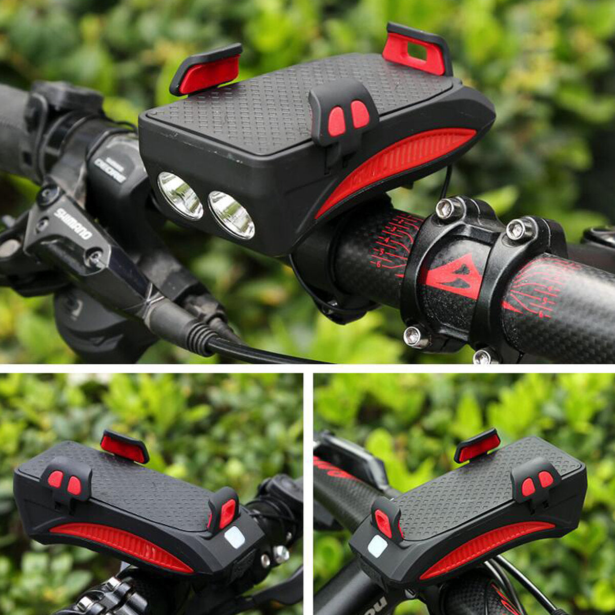 4-in-1 400lm Bike Headlight USB Rechargeable Bicycle Front Lamp 130dB Horn Power Bank Phone Holder Outdoor Cycling