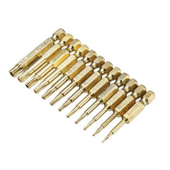 12pcs Gold T5-T40 50mm Magnetic Torx Screwdriver Bits 1/4 Inch Hex Shank