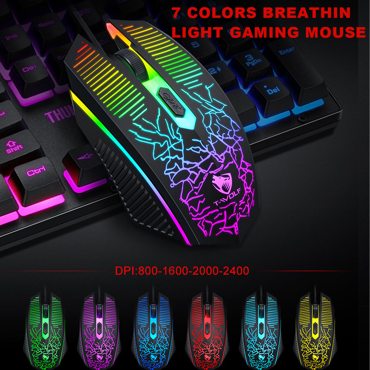 4Pcs Gaming Combo Kit 104 Keys Rainbow Backlit Keyboard Adjustable 2400DPI Mouse Wired RGB Lighting Headset with Anti-Slip Mouse Pad
