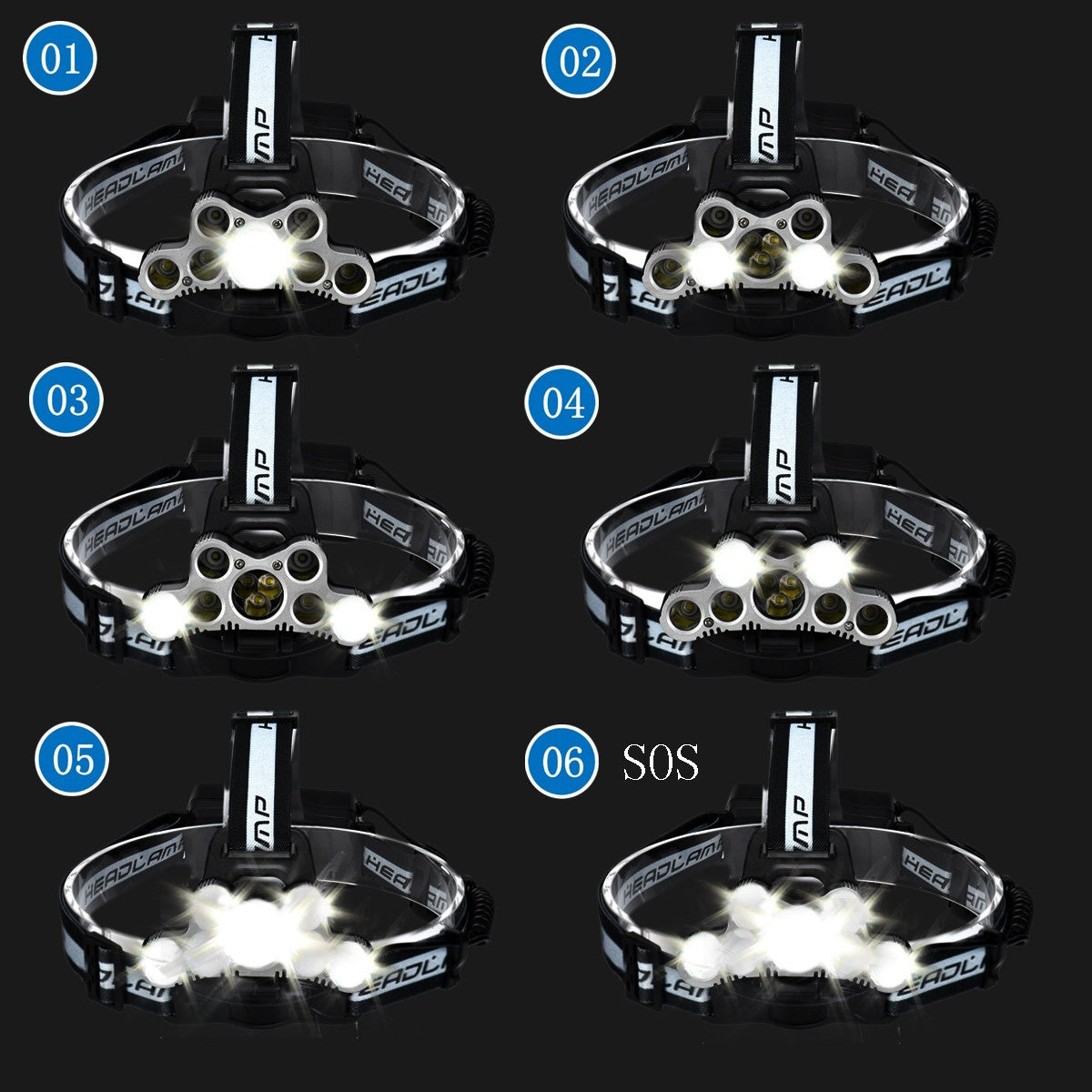 6-Modes 7xT6+2xQ5 LED Head Lamp USB Rechargeable Camping Head Torch With SOS Whistle Function