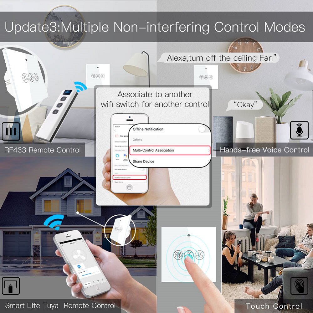 WiFi RF433 Smart Ceiling Fan Switch Smart Life/Tuya App 2/3 Way Control Wireless Remote Control Works with Alexa and Google